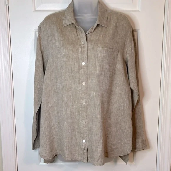 🌷J. Jill Love Linen Classic Button Down Shirt Light Brown/Beige - Picture 5 of 11